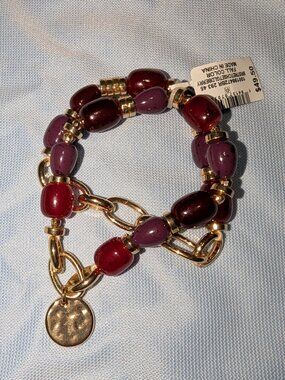 $3 with Bundle ~ Gold Tone Chain Link Beaded Stretch Bracelet Red Purple  6726